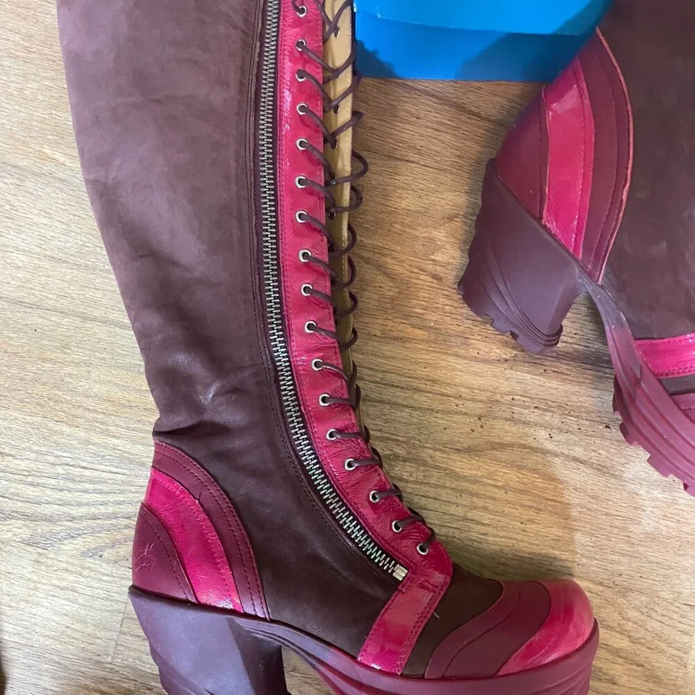 John Fluevog Jazzy Knee-High Pink Platform Lace-Up Boots Sz 10 - Picture 4 of 8